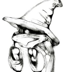 Rule 34 | androgynous, black mage (final fantasy), cranberryzero, final fantasy, final fantasy i, gender request, greyscale, hat, male focus, monochrome, simple background, solo, white background, witch hat