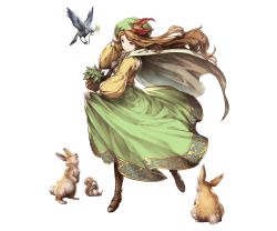 Rule 34 | 10s, 1girl, animal, basket, bird, boots, brown hair, rabbit, dress, flower, full body, granblue fantasy, hat, holding, jasmine (granblue fantasy), knee boots, long hair, looking at viewer, looking back, minaba hideo, open mouth, smile, squirrel, transparent background