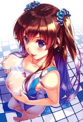 Rule 34 | 1girl, :p, blush, breast lift, breasts, brown hair, comic aun, competition swimsuit, copyright request, covered erect nipples, from above, highres, large breasts, looking at viewer, misaki kurehito, naughty face, nipples, one-piece swimsuit, perspective, purple eyes, scrunchie, see-through, grabbing own breast, solo, swimsuit, tile floor, tiles, tongue, tongue out, two side up