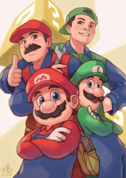 Rule 34 | 4boys, ? block, absurdres, blue eyes, blue overalls, blue shirt, brothers, brown eyes, brown hair, dual persona, facial hair, gloves, green headwear, green shirt, green vest, highres, holding, holding wrench, looking at viewer, luigi, male focus, mario, mario (series), multiple boys, mustache, nintendo, open mouth, overalls, red headwear, red shirt, red vest, ry-spirit, shirt, siblings, smile, super mario bros. (1993 film), super mario bros. (film), the super mario bros. movie, thumbs up, vest, white gloves, wrench
