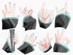 Rule 34 | 1girl, agonasubi, black sleeves, blue nails, commentary request, fox shadow puppet, hand focus, hand up, hatsune miku, highres, holding, holding microphone, long sleeves, microphone, multiple views, nail polish, ok sign, outstretched hand, simple background, vocaloid, white background