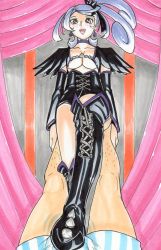 Rule 34 | 1girl, absurdres, armor, bad id, bad pixiv id, boots, breasts, choker, cleavage, corset, cross-laced footwear, crotch stomping, cure sword, dark persona, detached sleeves, dokidoki! precure, dominatrix, earrings, femdom, hair ornament, hayami jin, high ponytail, highres, jewelry, kenzaki makoto, lace-up boots, large breasts, long hair, magical girl, marker (medium), pauldrons, precure, purple eyes, purple hair, shiny clothes, shoulder armor, smile, solo focus, stomping, thigh boots, thighhighs, traditional media, underboob