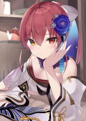 Rule 34 | 1girl, alternate hairstyle, bare shoulders, blush, bow, breasts, cleavage, detached sleeves, flower, hair between eyes, hair bow, hair flower, hair ornament, heterochromia, highres, hololive, houshou marine, houshou marine (new year), japanese clothes, kimono, long hair, looking at viewer, lying, medium breasts, official alternate costume, on side, ponytail, pout, red eyes, red hair, solo, virtual youtuber, yellow eyes, zukan (db tyoutyo)