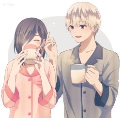 Rule 34 | 1boy, 1girl, artist name, blue pajamas, blush, collarbone, cup, drinking, closed eyes, hair over one eye, hand in own hair, hand on another&#039;s head, hand up, hot, kaneki ken, kirishima touka, looking at another, nabe-box, open mouth, pajamas, purple hair, red pajamas, short hair, simple background, sleepy, steam, striped, tokyo ghoul, white background
