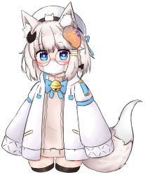 Rule 34 | 1girl, animal ear fluff, animal ears, bailingxiao jiu, bell, beret, black bow, black thighhighs, blue bow, blue eyes, blue ribbon, blush, bow, braid, brown sweater, cowboy shot, cropped legs, fox ears, fox girl, fox hair ornament, fox tail, glasses, hair bow, hair ornament, hairclip, hat, heart, heart-shaped pupils, highres, jacket, jingle bell, long sleeves, looking at viewer, mask, mouth mask, open clothes, open jacket, original, red-framed eyewear, ribbon, silver hair, simple background, sleeves past fingers, sleeves past wrists, solo, surgical mask, sweater, symbol-shaped pupils, tail, thighhighs, white background, white hat, white jacket