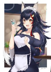 Rule 34 | 1girl, absurdres, animal ear fluff, animal ears, apron, bare shoulders, black dress, black hair, blush, border, breasts, cellphone, collarbone, commentary, dress, frilled apron, frills, hair between eyes, highres, holding, holding phone, hololive, jellen aura, large breasts, long hair, long sleeves, looking at phone, maid, maid headdress, medium hair, multicolored hair, off-shoulder dress, off shoulder, ookami mio, open mouth, orange eyes, outside border, phone, red hair, sidelocks, signature, smartphone, smile, solo, standing, streaked hair, tail, very long hair, virtual youtuber, waist apron, white apron, white border, wide sleeves, wolf ears, wolf girl, wolf tail