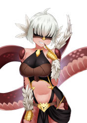 Rule 34 | 1girl, ahoge, animal hands, basilisk (monster girl encyclopedia), bob cut, breasts, commission, cowfee, eupheilla (azuriu), facing viewer, feathers, finger to mouth, grin, highres, lamia, large breasts, mask, monster girl, monster girl encyclopedia, navel, original, scales, short hair, simple background, smile, solo, white background, white hair