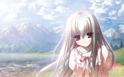 Rule 34 | 1girl, albino, blurry, blush, chikotam, cloud, day, eden they were only two on the planet, game cg, hair between eyes, lake, long hair, minori (company), mountain, nature, outdoors, ribbon, scenery, silver hair, sion (eden), sky, smile, sunlight, tree