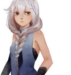 Rule 34 | 1girl, 3four, braid, breasts, closed mouth, deus ex machina, elbow gloves, front braid, gloves, hanged man (deus ex machina), long hair, looking at viewer, simple background, single braid, solo, white background, white hair