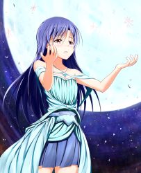 Rule 34 | 1girl, bad id, bad pixiv id, bare shoulders, blue hair, blue skirt, brown eyes, collarbone, dress, highres, idolmaster, idolmaster (classic), jewelry, kisaragi chihaya, kiu (dear deer), long hair, moon, necklace, open mouth, pleated skirt, skirt, snowflakes, solo, strapless, strapless dress, tears