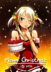 Rule 34 | 1girl, 2012, bail, bare shoulders, bell, blonde hair, blush, breasts, cake, christmas, cleavage, detached sleeves, dress, food, fruit, green eyes, green hair, hair ornament, licking, licking finger, long hair, looking at viewer, matching hair/eyes, merry christmas, one eye closed, original, short hair, smile, snow, solo, strawberry, twintails, wink