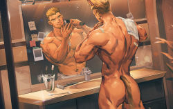Rule 34 | 1boy, abs, animal ears, ass, bara, bathroom, blonde hair, brown hair, cat boy, cat ears, cat tail, commission, completely nude, dark-skinned male, dark skin, different reflection, ear piercing, facial hair, facial scar, from behind, goatee, highres, kemonomimi mode, large pectorals, male focus, mature male, mirror, multicolored hair, muscular, muscular male, naked towel, navel, navel hair, nipples, nude, original, pectorals, piercing, reflection, romg, romg the jaguar, scar, scar across eye, scar on cheek, scar on face, shaving, short hair, sideburns, spiked hair, stomach, tail, tengo (maotengo), thick eyebrows, topless male, towel, hair clipper, two-tone hair, undercut