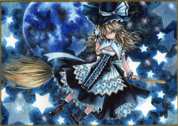 Rule 34 | 1girl, adapted costume, bamboo broom, black dress, blonde hair, boots, breasts, broom, broom riding, capelet, cleavage, cross-laced footwear, dress, hat, hat ribbon, kirisame marisa, mosho, one eye closed, ribbon, small breasts, smile, solo, star (symbol), touhou, traditional media, witch hat, wrist cuffs, yellow eyes