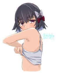 Rule 34 | 1girl, alakoala, black hair, breasts, camisole, commentary request, hair ribbon, highres, ishigaki (kancolle), kantai collection, looking at viewer, one-hour drawing challenge, purple eyes, red ribbon, ribbon, short hair, simple background, small breasts, solo, upper body, white background, white camisole, white ribbon