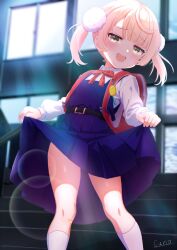 Rule 34 | bandaid, bandaid on knee, bandaid on leg, belt, black belt, blonde hair, blue dress, blush, bow, bowtie, child, commentary request, curio (curiofinity), day, dot nose, dress, eyelashes, green eyes, hair ornament, half-closed eyes, highres, indie virtual youtuber, indoors, legs, long sleeves, looking at viewer, medium hair, open mouth, pom pom (clothes), pom pom hair ornament, red bow, red bowtie, school, shigure ui (vtuber), shigure ui (vtuber) (young), shirt, short twintails, signature, skirt hold, smile, smug, socks, stairs, sunlight, teeth, thighs, twintails, upper teeth only, virtual youtuber, white shirt, white socks, window
