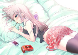 Rule 34 | 1girl, aqua eyes, bare shoulders, bed, black thighhighs, blush, bottle, brand name imitation, breasts, cat, cellphone, digital media player, food, grey hair, hair ornament, hairclip, iphone, listening to music, long hair, lying, mouth hold, on bed, on stomach, original, phone, pillow, plaid, plaid skirt, pocari sweat, pocky, shouna mitsuishi, skirt, smartphone, solo, thighhighs, zettai ryouiki