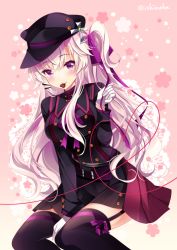 Rule 34 | 1girl, arm support, between legs, black hat, black jacket, black skirt, black thighhighs, candy, chocolate, chocolate heart, closed mouth, commentary request, cross, floral background, food, food in mouth, garter straps, gloves, hair ornament, hair ribbon, hand between legs, hat, heart, holding, holding ribbon, ichiyou moka, jacket, long hair, long sleeves, looking at viewer, mouth hold, one side up, original, peaked cap, pink background, pleated skirt, purple ribbon, ribbon, silver hair, sitting, skirt, smile, solo, thighhighs, twitter username, very long hair, white gloves