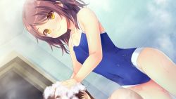 Rule 34 | 1boy, 1girl, bare shoulders, bathroom, blue one-piece swimsuit, blush, breasts, brown hair, closed mouth, courreges ace, dutch angle, game cg, hajilove -making lovers-, highres, indoors, mixed-sex bathing, night, non-web source, one-piece swimsuit, school swimsuit, shared bathing, shinohara kouta, short hair, small breasts, smile, solo focus, standing, swimsuit, tanabe, tile wall, tiles, yellow eyes