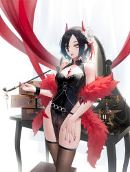 Rule 34 | 1girl, :p, alternate costume, azur lane, bad id, bad pixiv id, bare shoulders, belt, black hair, black thighhighs, breasts, cirilla lin, cleavage, dress, feather boa, hair ornament, highres, horns, kiseru, nail polish, phone, red nails, short hair, simple background, smoking pipe, solo, suitcase, table, thighhighs, thighs, tongue, tongue out, ulrich von hutten (azur lane), white background, yellow eyes