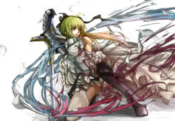 Rule 34 | 1girl, ahoge, artoria pendragon (fate), bare shoulders, blonde hair, bow, detached sleeves, dress, fate/unlimited codes, fate (series), frozenblue, gauntlets, green eyes, hair bow, lace, lace-trimmed legwear, lace trim, panties, pantyshot, planted sword, planted, saber (fate), saber lily, solo, sword, thighhighs, underwear, weapon