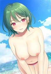 Rule 34 | 1girl, bare arms, beach, bikini, bikini bottom only, blue sky, blush, breasts, cloud, collarbone, commentary request, cowboy shot, day, dutch angle, ear piercing, green hair, hair between eyes, kazami yuuka, large breasts, leaning forward, lens flare, looking at viewer, navel, nipples, outdoors, parted lips, piercing, plaid, plaid bikini bottom, red bikini, red eyes, short hair, sky, smile, solo, standing, stomach, swimsuit, thighs, topfreedom, topless, touhou, v arms, water, yamayu