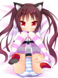 Rule 34 | 1girl, animal ears, ass, blush, buruma, buruma pull, cat ears, clothes pull, folded, gym uniform, hato haru, heart, heart-shaped pupils, highres, knees to chest, knees together feet apart, kooh, long hair, looking at viewer, no nose, pangya, panties, pants, pants pull, red eyes, shoes, solo, striped clothes, striped panties, striped thighhighs, symbol-shaped pupils, thighhighs, twintails, underwear, uwabaki