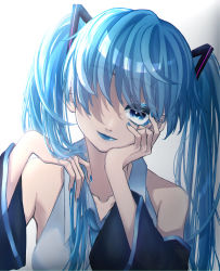 Rule 34 | 1girl, absurdres, black sleeves, blue eyes, blue hair, blue lips, blue nails, collarbone, collared shirt, detached sleeves, grey shirt, hair between eyes, hair ornament, hair over one eye, hatsune miku, head tilt, highres, holding, holding own hair, long hair, long sleeves, looking at viewer, makeup, mascara, nail polish, shirt, sleeveless, sleeveless shirt, solo, twintails, upper body, very long hair, vocaloid, wing collar, yarai