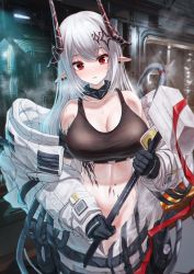 Rule 34 | 1girl, arknights, armband, bae.c, bare shoulders, black collar, black gloves, breasts, cleavage, collar, collarbone, commentary request, cowboy shot, crop top, gloves, hammer, highres, holding, holding hammer, holding weapon, horns, indoors, infection monitor (arknights), large breasts, long hair, looking at viewer, material growth, midriff, mudrock (arknights), mudrock (elite ii) (arknights), navel, off shoulder, oripathy lesion (arknights), partial commentary, pointy ears, red eyes, silver hair, solo, sports bra, standing, stomach, weapon