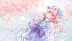 Rule 34 | bare shoulders, blue kimono, cherry blossoms, commentary request, detached collar, frilled kimono, frills, hat, highres, hitodama, japanese clothes, kimono, looking at viewer, lying, medium hair, mob cap, moko (mokochisa), neck ribbon, obi, on back, partially submerged, petals, petals on liquid, pink eyes, pink hair, ribbon, saigyouji yuyuko, sash, shallow water, touhou, triangular headpiece, veil, water, wide sleeves