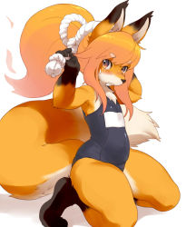 Rule 34 | 1girl, adjusting clothes, animal ears, armpits, body fur, eyebrows, flat chest, fox ears, fox tail, furry, furry female, high ponytail, kikurage (crayon arts), one-piece swimsuit, school swimsuit, simple background, snout, solo, sweatdrop, swimsuit, tail, thick eyebrows, white background