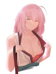 Rule 34 | absurdres, alternate hairstyle, bra, breasts, fate/grand order, fate (series), gnarlypzofbread, hairdressing, highres, looking at viewer, okita souji (fate), okita souji (koha-ace), pink hair, red bra, shirt, underwear, undressing, white background, white shirt