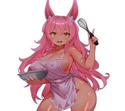 Rule 34 | 1girl, absurdres, animal ear fluff, animal ears, apron, armpit crease, ass, bowl, breasts, cleavage, collarbone, cooking, covered erect nipples, groin, highres, holding, holding bowl, holding whisk, large breasts, legs, long hair, looking at viewer, naked apron, pink hair, rabbit ears, redrawn, sideboob, smile, solo, standing, teeth, thighs, upper teeth only, whisk, white background, yellow eyes