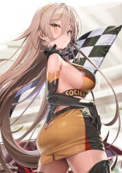 Rule 34 | 1girl, ass cutout, blonde hair, blush, breasts, butt crack, checkered flag, clothing cutout, crop top, elbow gloves, flag, gloves, hair between eyes, highres, kanzarin, large breasts, long hair, looking at viewer, nijisanji, nui sociere, race queen, skirt, solo, thighhighs, thighs, very long hair, virtual youtuber, yellow eyes