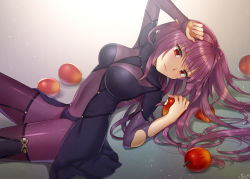 Rule 34 | 1girl, apple, bodysuit, breasts, covered navel, fate/grand order, fate (series), food, fruit, holding, holding food, holding fruit, long hair, looking at viewer, lying, naomi (fantasia), on back, purple hair, red eyes, scathach (fate), scathach (fate), solo, torn bodysuit, torn clothes