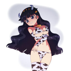 Rule 34 | 1girl, alternate breast size, animal print, bell, bikini, black hair, blue eyes, breasts, choker, cow horns, cow print, cow print bikini, cow print thighhighs, cowboy shot, delicious party precure, detached sleeves, highres, himokawa udon, horns, kasai amane, large breasts, long hair, looking at viewer, lying, navel, neck bell, on back, precure, print bikini, print thighhighs, smile, solo, swimsuit, thighhighs