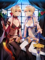 Rule 34 | 10s, 2girls, absurdres, ahoge, artoria pendragon (all), artoria pendragon (fate), bad id, bad pixiv id, black bra, black legwear, black panties, blonde hair, blue ribbon, bra, breasts, choker, cleavage, collarbone, excalibur (fate/stay night), fate/extra, fate/stay night, fate (series), flower, garter belt, garter straps, green eyes, hair ribbon, hand on another&#039;s leg, highres, holding, holding sword, holding weapon, ichinosenen, indoors, large breasts, lingerie, looking at viewer, medium breasts, multiple girls, navel, negligee, nero claudius (fate), nero claudius (fate) (all), nero claudius (fate/extra), panties, red flower, red ribbon, ribbon, saber (fate), see-through, short hair with long locks, sidelocks, sitting, stomach, sword, thighhighs, underwear, underwear only, weapon, white bra, white flower, white legwear, white panties, window, wrist cuffs