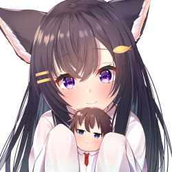 Rule 34 | 1boy, 1girl, animal ears, black hair, blush, brown hair, character request, commentary request, copyright request, fish hair ornament, hair ornament, hairclip, highres, holding, long sleeves, looking at viewer, nari (narikashi), necktie, purple eyes, red neckwear, shirt, short hair, simple background, sleeves past wrists, smile, virtual youtuber, white background, white shirt