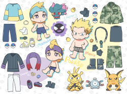 2boys, barefoot, boots, camouflage, camouflage jacket, camouflage pants, character name, commentary request, creatures (company), electabuzz, equipment layout, fog badge, game freak, gastly, gen 1 pokemon, gloves, great ball, headband, jacket, magnemite, male focus, morty (pokemon), multiple boys, multiple views, nibo (att 130), nintendo, pants, poke ball, pokemon, pokemon (creature), pokemon adventures, purple headband, purple scarf, raichu, scarf, shirt, shoes, socks, surge (pokemon), sweater, white footwear, white legwear, white pants