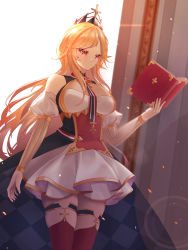Rule 34 | 1girl, absurdres, azur lane, bare shoulders, book, breasts, cleavage cutout, clothing cutout, crown, detached sleeves, dress, fleur-de-lis, highres, holding, holding book, juliet sleeves, long hair, long sleeves, medium breasts, open book, orange hair, puffy sleeves, purple eyes, red thighhighs, richelieu (azur lane), skindentation, solo, syu.mu, thigh strap, thighhighs, white dress