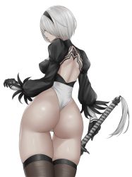 Rule 34 | 1girl, 2b (nier:automata), ass, blindfold, breasts, closed mouth, commentary request, curvy, feather trim, from behind, gloves, hair ornament, hairband, highleg, highleg leotard, highres, holding, holding sword, holding weapon, huge ass, kurone rinka, leotard, lips, long sleeves, medium breasts, mole, mole under mouth, nier:automata, nier (series), puffy sleeves, revision, shiny skin, short hair, simple background, solo, sword, thighhighs, thighs, thong leotard, weapon, white background, white hair, white leotard, wide hips