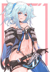 Rule 34 | 1girl, absurdres, bare shoulders, black choker, black gloves, blue eyes, blue hair, blush, breasts, character name, choker, closed mouth, collarbone, commentary, feet out of frame, girls&#039; frontline, gloves, gun, hair ribbon, handgun, heart, heart-shaped pupils, highres, holding, holding gun, holding weapon, light blue hair, long hair, looking at viewer, mab pa-15, meme attire, muteppona hito, navel, pa-15 (girls&#039; frontline), pistol, ribbon, simple background, small breasts, smile, solo, standing, symbol-shaped pupils, tongue, tongue out, translucent bunnysuit, weapon