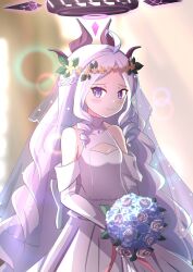 Rule 34 | 1girl, ahoge, alternate costume, alternate hairstyle, blue archive, bouquet, braid, bridal veil, child, cleavage cutout, clothing cutout, commentary request, demon girl, demon horns, detached sleeves, dress, drill hair, flower, forehead, french braid, halo, head wreath, highres, hina (blue archive), holding, holding bouquet, horns, long hair, long sleeves, looking at viewer, parted bangs, purple eyes, rose, sidelocks, solo, veil, wedding dress, white dress, white flower, white hair, white rose, yukimi unagi