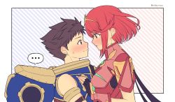 Rule 34 | 1boy, 1girl, azurda (xenoblade), blush, brown hair, couple, earrings, eye contact, fingerless gloves, gem, gloves, hair ornament, headpiece, height difference, highres, imminent kiss, jewelry, looking at another, mochimochi (xseynao), pyra (xenoblade), red eyes, red hair, rex (xenoblade), short hair, simple background, size difference, spiked hair, swept bangs, tiara, xenoblade chronicles (series), xenoblade chronicles 2
