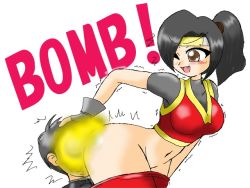 Rule 34 | 1girl, ass, black hair, blush, clothes pull, eight marbles, fart, femdom, ninja, pants, pants pull, wide hips, yellow eyes