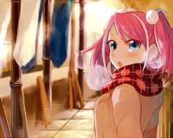 Rule 34 | 1girl, blue eyes, breath, coat, hiiragi yuzu, looking at viewer, looking back, multicolored hair, parupin, pink hair, scarf, short twintails, solo, twintails, two-tone hair, upper body, winter, yu-gi-oh!, yu-gi-oh! arc-v