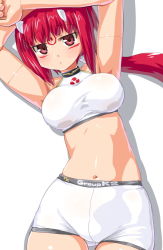 Rule 34 | 10s, 1girl, armpits, arms up, bad id, bad pixiv id, breasts, busou shinki, dd (ijigendd), doll joints, joints, long hair, mizuki (busou shinki), navel, ponytail, red eyes, red hair, shadow, simple background, solo, thigh gap, white background