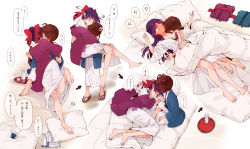 Rule 34 | 1girl, 2boys, absurdres, alternate hairstyle, barefoot, bed, blush, bottle, bra, brown hair, carrying, carrying person, commentary request, cup, embarrassed, full-face blush, futon, gegege no kitarou, hair bun, hair down, hair over one eye, haori, height difference, hetero, highres, japanese clothes, kimono, kitarou, long hair, lying, medama oyaji, multiple boys, nekomusume, nekomusume (gegege no kitarou 6), on back, on bed, pillow, purple hair, red bra, sandals, silanduqiaocui, speech bubble, spill, sweatdrop, translation request, underwear, white kimono, yellow eyes