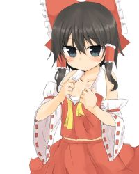 Rule 34 | 1girl, black eyes, black hair, blush, bow, closed mouth, commentary request, cowboy shot, detached sleeves, golgi hon, hair between eyes, hair bow, hair tubes, hakurei reimu, hickey, red bow, ribbon-trimmed sleeves, ribbon trim, sarashi, short hair, sidelocks, simple background, solo, touhou, white background, wide sleeves