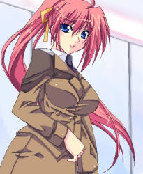 Rule 34 | 00s, 1girl, breasts, buttons, dark-skinned female, dark skin, formal, hair ribbon, ichino, large breasts, long sleeves, looking at viewer, lyrical nanoha, mahou shoujo lyrical nanoha, mahou shoujo lyrical nanoha strikers, military, military uniform, mixed-sex bathing, pencil skirt, ponytail, ribbon, shared bathing, signum, skirt, solo, standing, suit, uniform