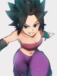 Rule 34 | 1girl, arms at sides, baggy pants, bare arms, bare shoulders, black eyes, black hair, breasts, caulifla, cleavage, clenched teeth, collarbone, dragon ball, dragon ball super, eyelashes, from above, grey background, grin, kemachiku, leg up, looking at viewer, looking up, medium breasts, midriff, navel, outstretched arms, pants, pink tube top, pink tubetop, purple pants, shaded face, shiny skin, short hair, simple background, smile, solo, spiked hair, strapless, teeth, tube top, v-shaped eyebrows, wristband